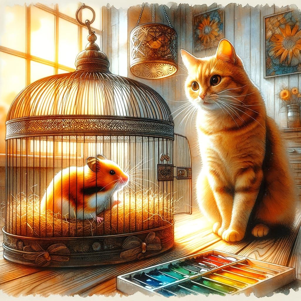 hamster cage with a hamster sitting inside. a ginger colored cat
