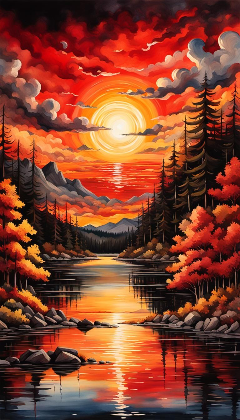 Lake Sunset Painting in Oil, Watercolor, and Ink