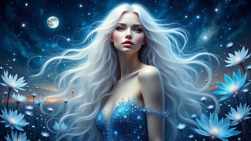 Ethereal Woman in Bioluminescent Field: Art Nouveau Portrait