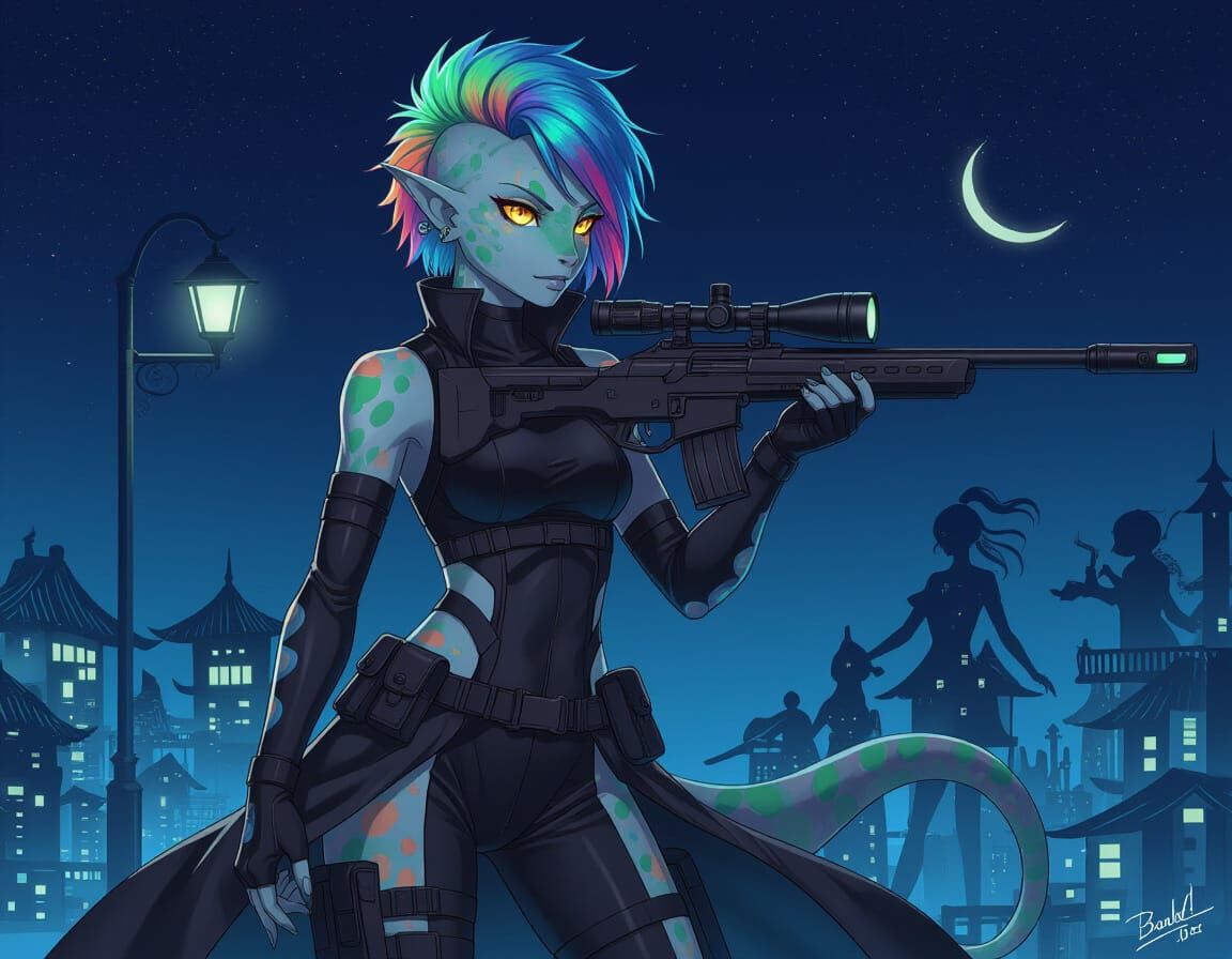 Lizardfolk Sniper in Anime Semi-Realism Style