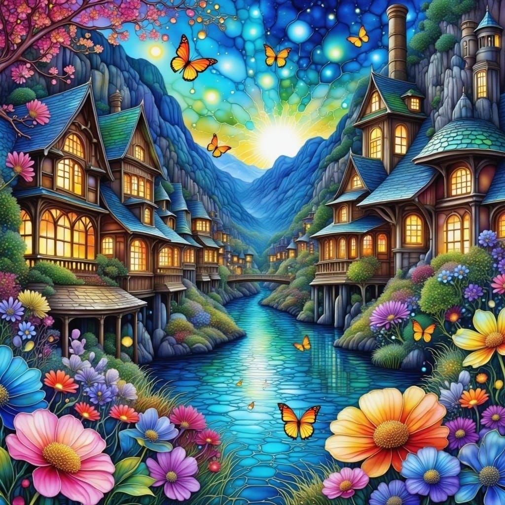 Fantasy Village at Dusk in Gouache Style