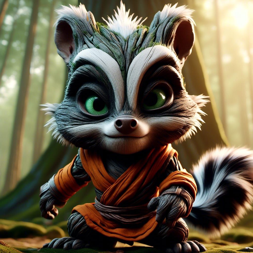 Furious Chibi Skunk Shaolin Monk in Dark Fantasy Style