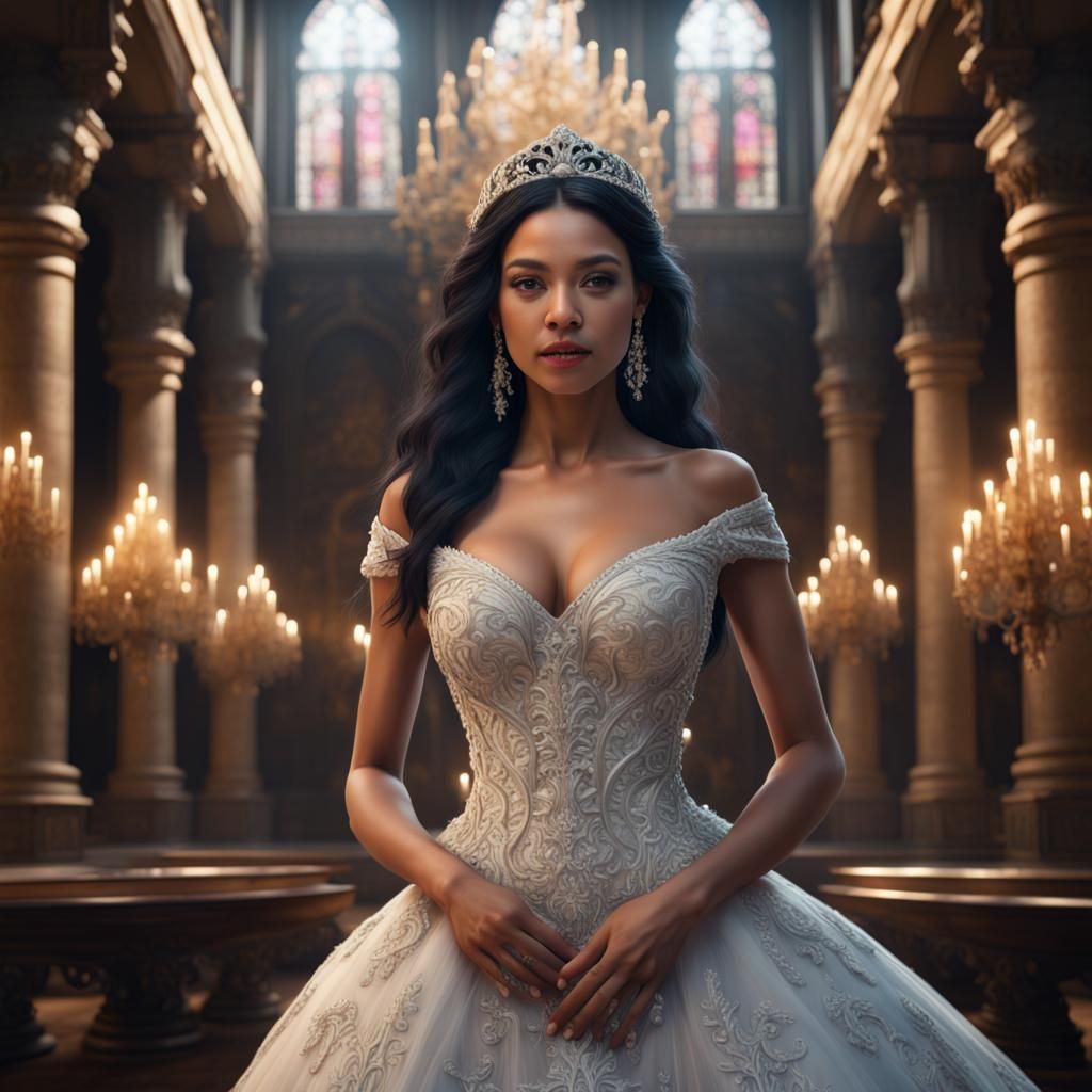 Woman in Ornate Wedding Dress in Castle Hall