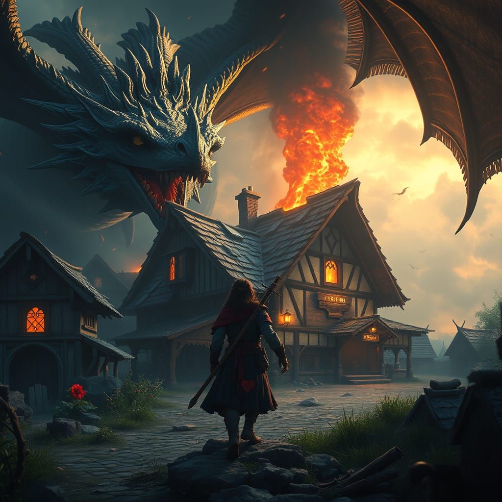 Dragon Destroys Home, Villager Hunts Beast in Fantasy Art