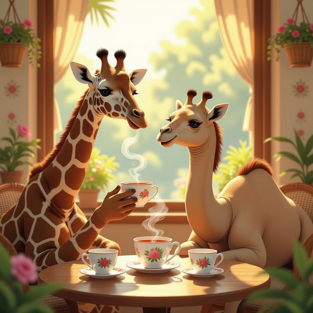 Giraffe and Camel Tea Party in Studio Ghibli Style