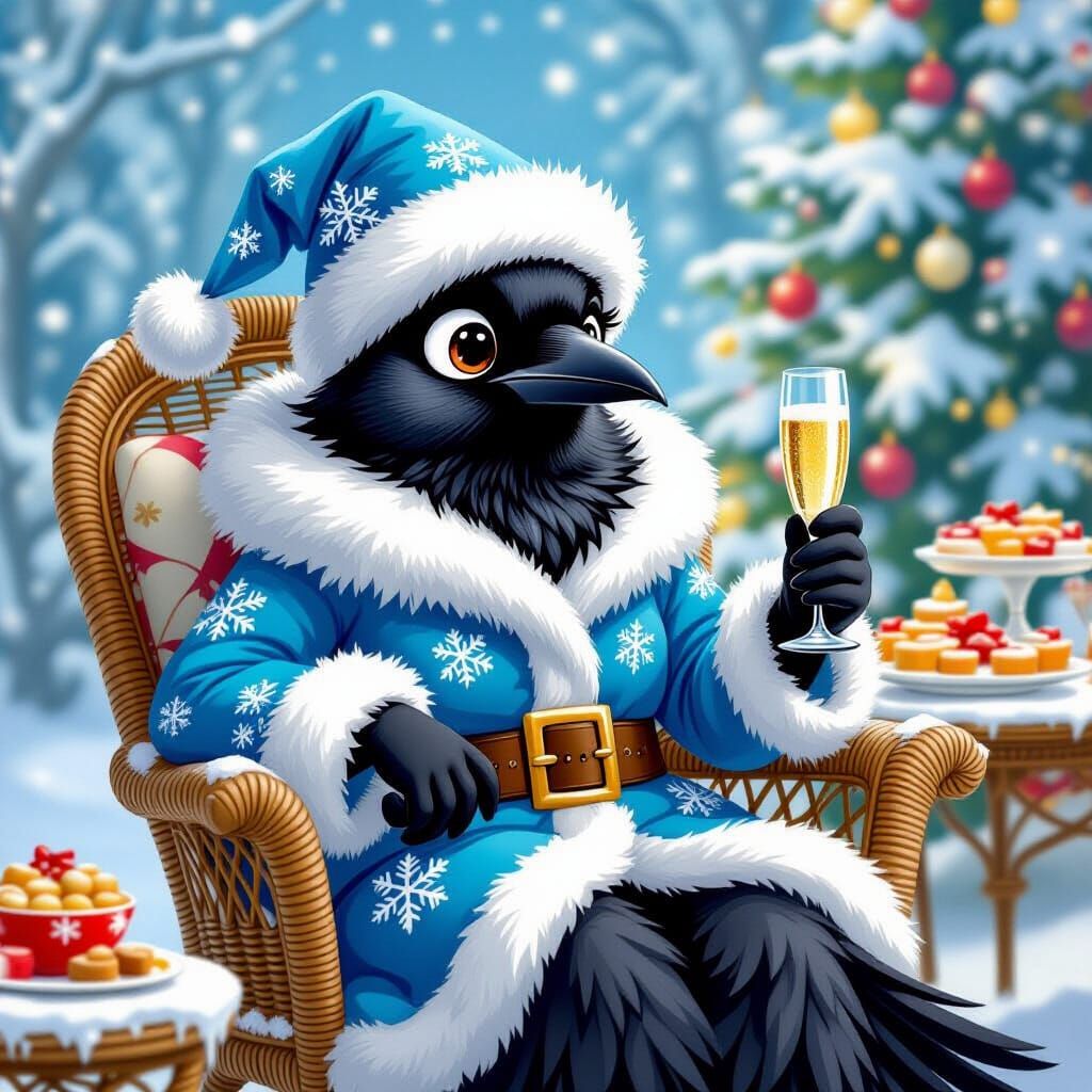 Crow in Snow Maiden Costume Celebrates New Year with Champag...