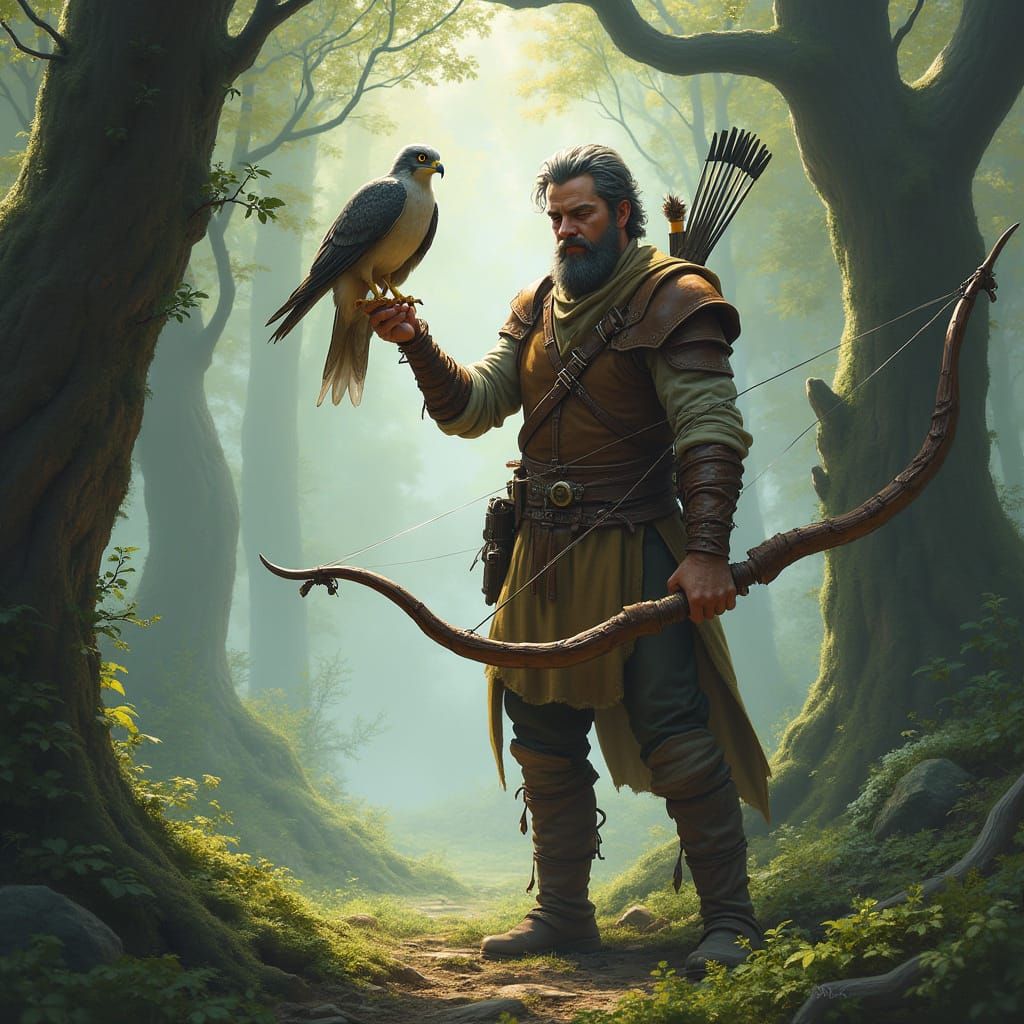 D&D Ranger with Falcon Companion in Misty Forest