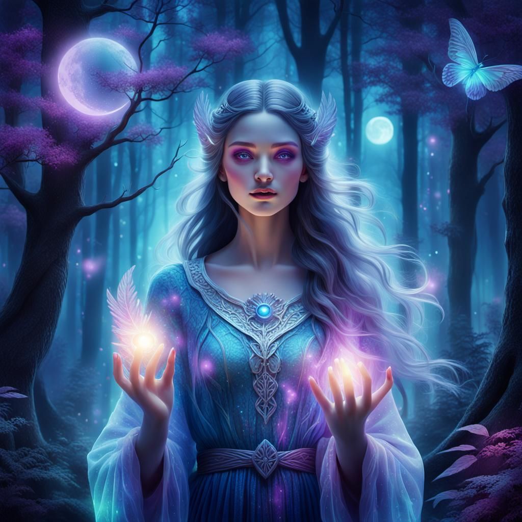 Mystical Woman Casting Spell in Moonlit Forest
