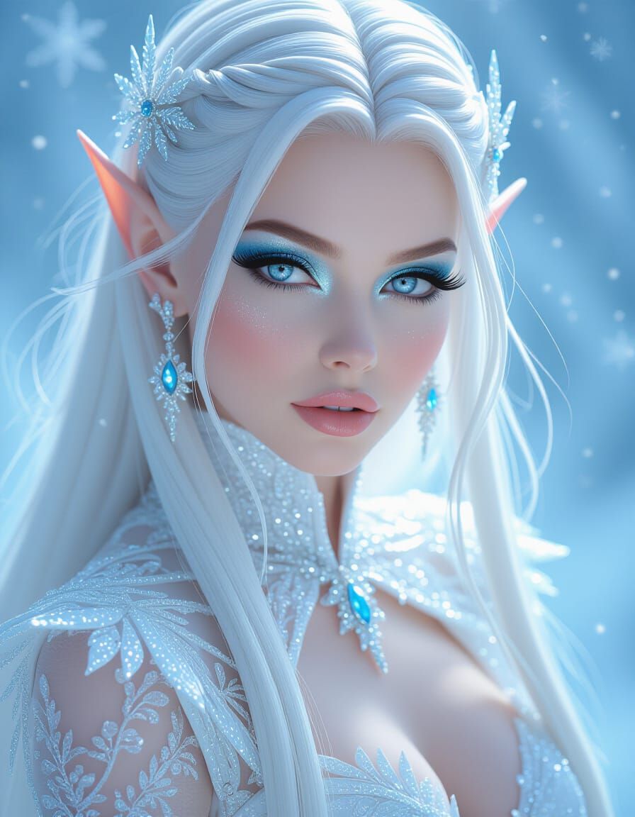 Icy Elf Femme Fatale in Ethereal Winter Scene