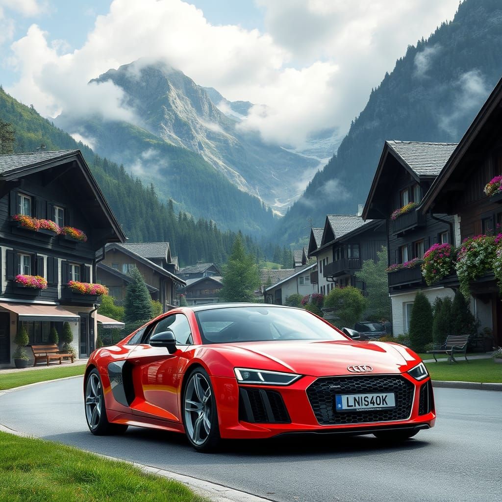 Sports Car in Swiss Village: Expressive Landscape