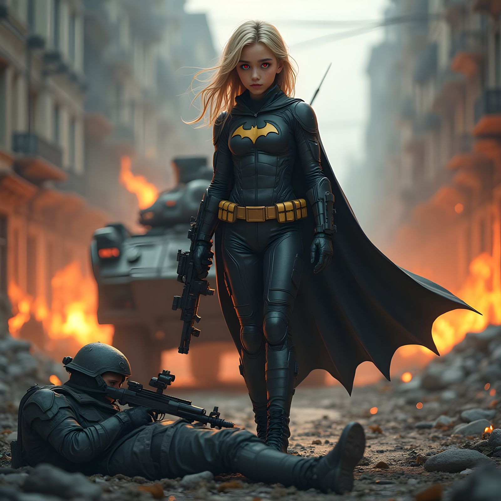 Girl in Batman Suit with Rocket Launcher