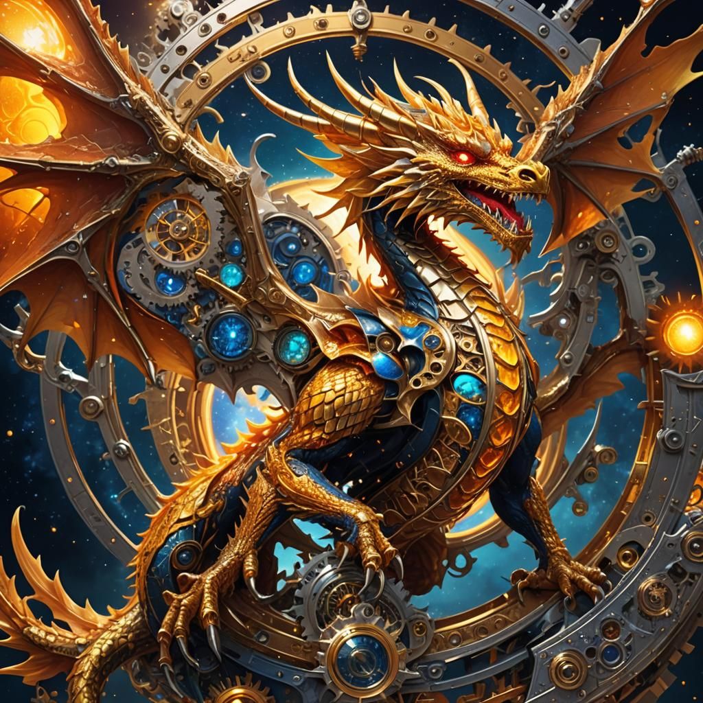Golden Clockwork Dragon in Space: Fantasy Art