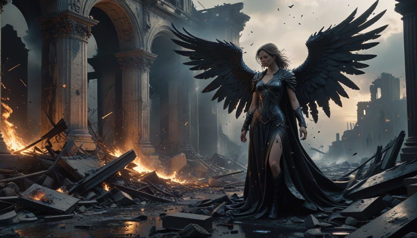 Fallen Angel in Post-Apocalyptic Ruins