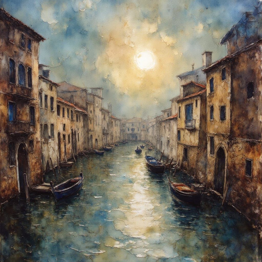 Venice Cityscape at Night as Impasto Oil Painting
