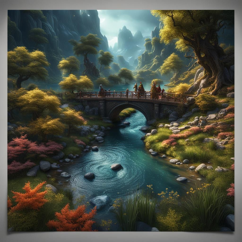 Lush River Flowing with Life: Detailed Matte Painting