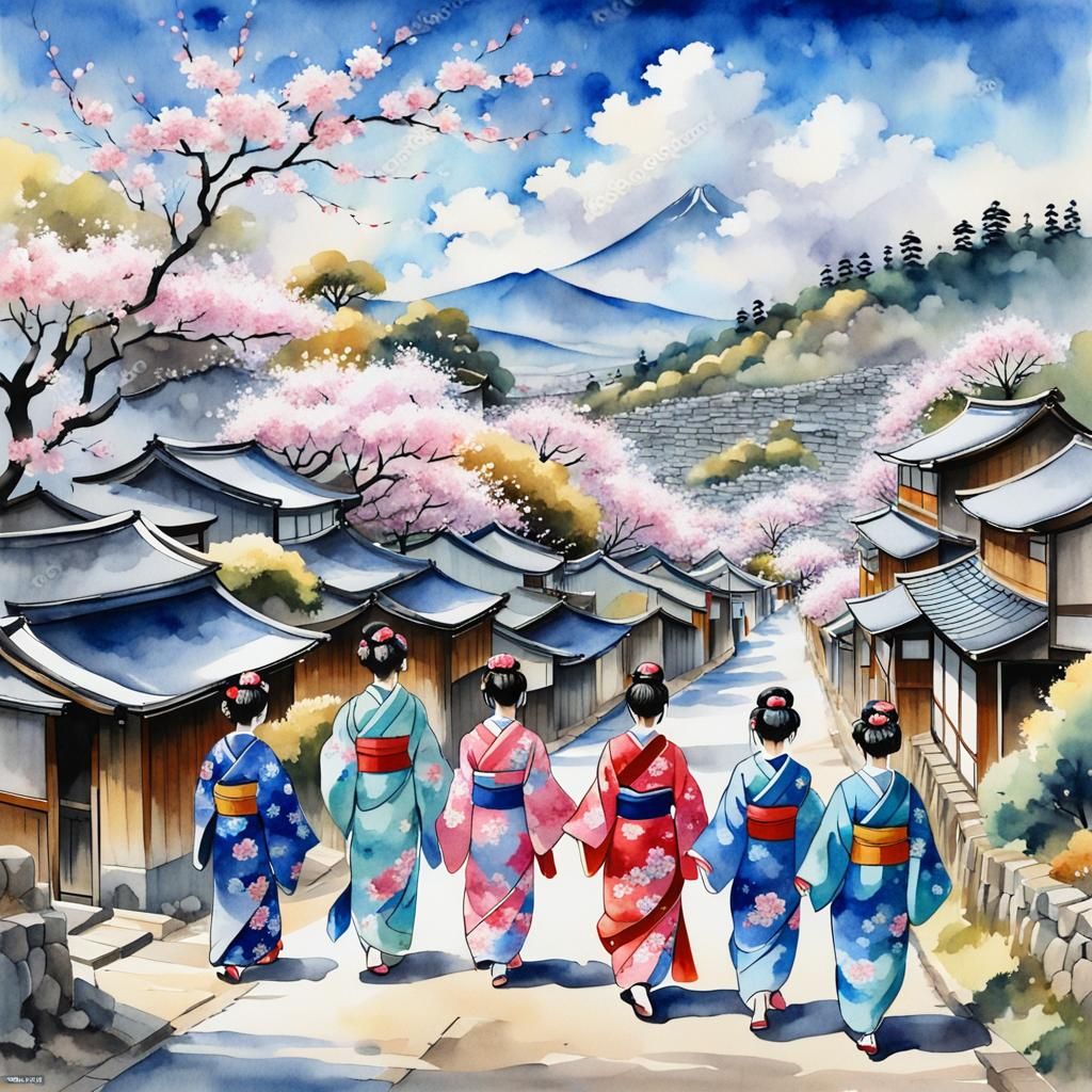 Japanese Village with Geishas in Watercolor Style