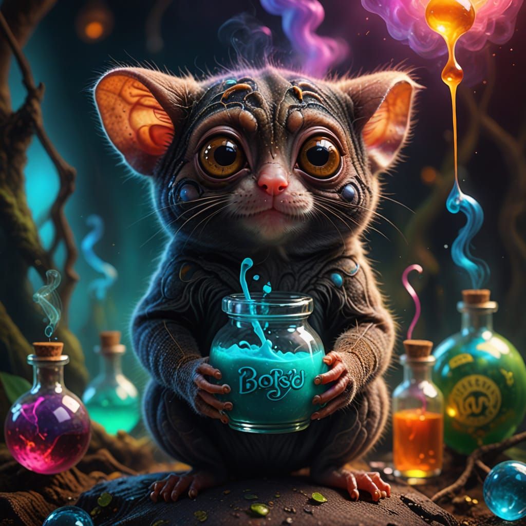 Vibrant Surrealism - Tarsier with Magical Potion in Oil Pain...