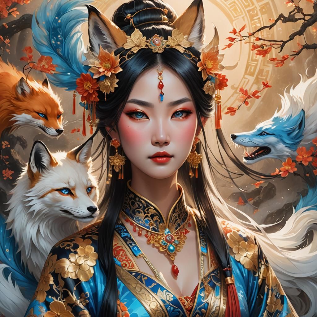 Fantasy Kitsune Woman Portrait with Nine Tails