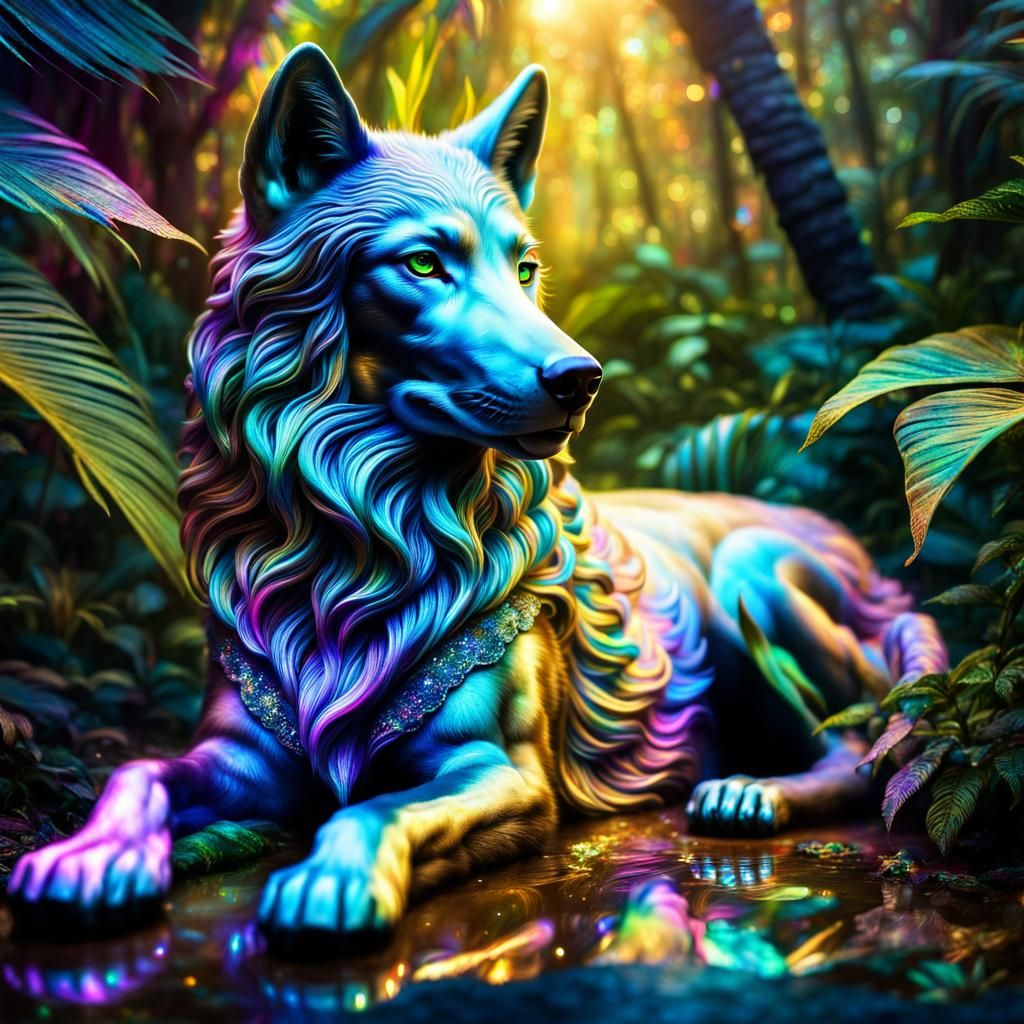 Iridescent Wolf with Rainbow Core in Fantasy Jungle