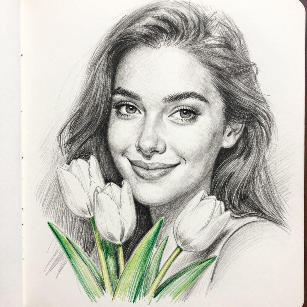 Expressive Portrait of Woman Holding Tulips in Graphite and ...