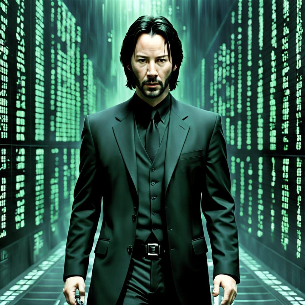 Keanu Reeves Amidst Matrix Code