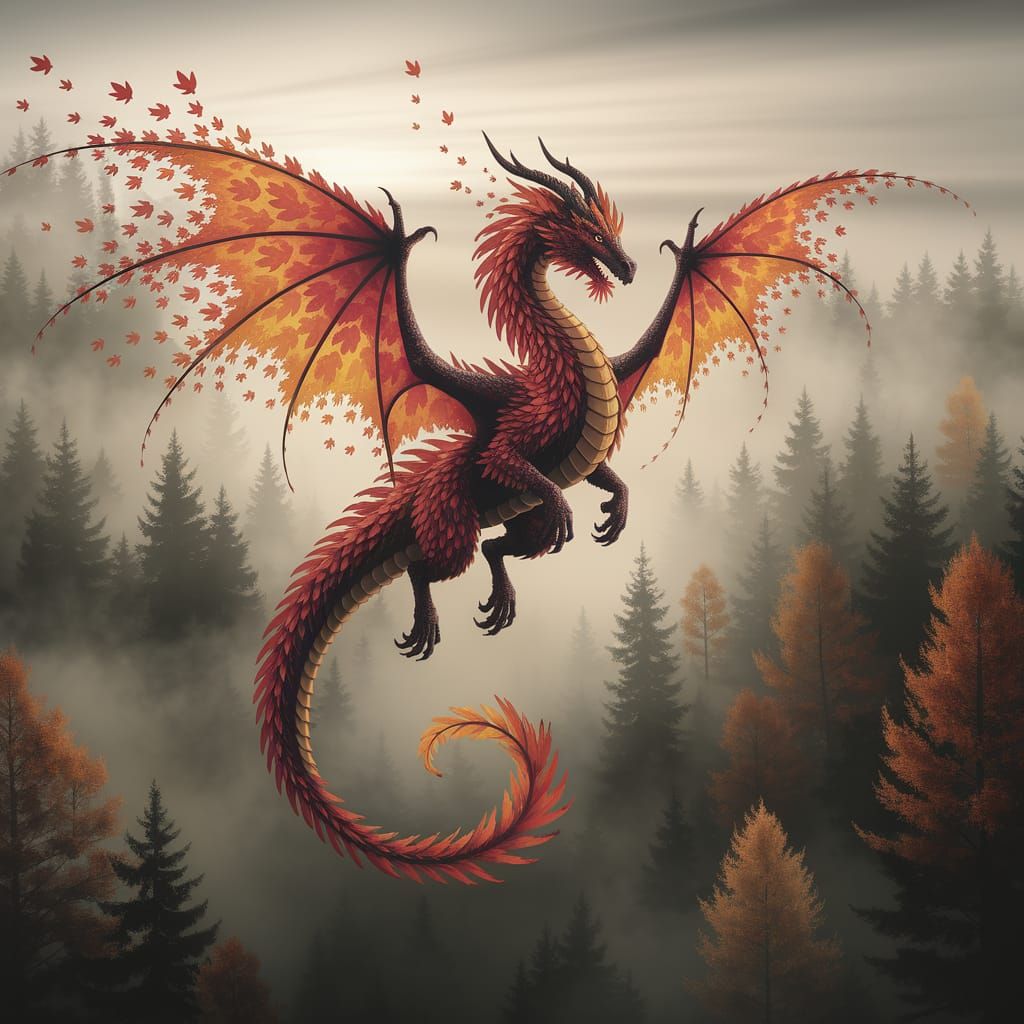 Majestic Autumn Leaf Dragon Soaring Above Misty Forest