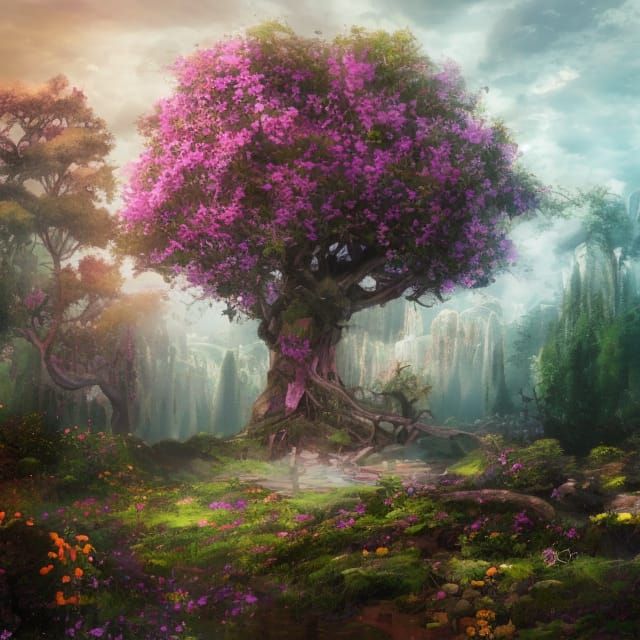 Lush Forest with Colorful Flowers and Oak Tree