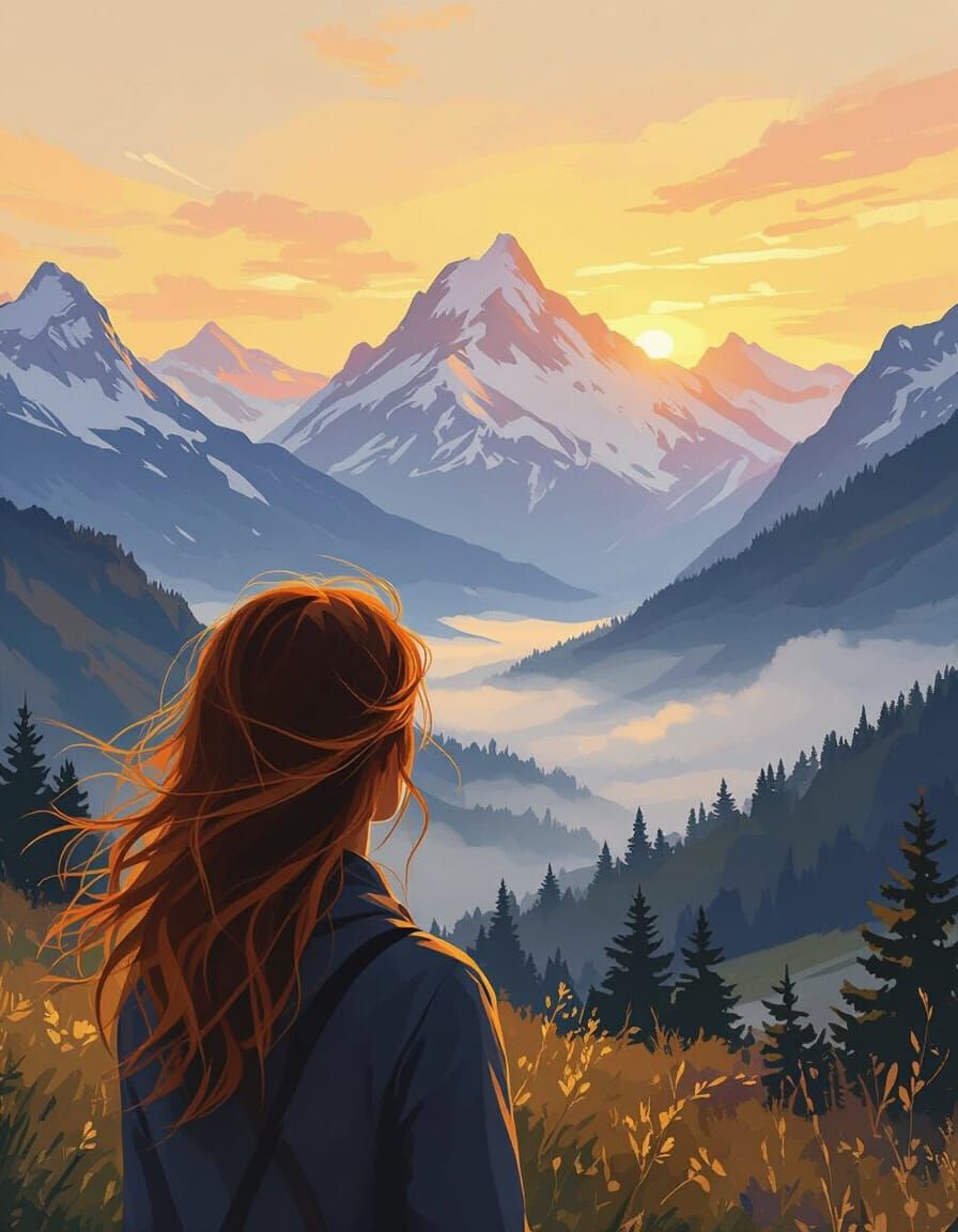 Woman Gazes at Serene Mountain Vista at Dawn