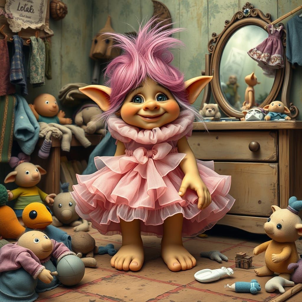Whimsical Troll Girl in Pastel Pink Ruffle Dress
