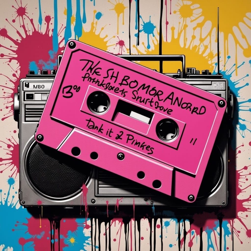 Pink Cassette Tape on Boombox in Banksy Graffiti Style