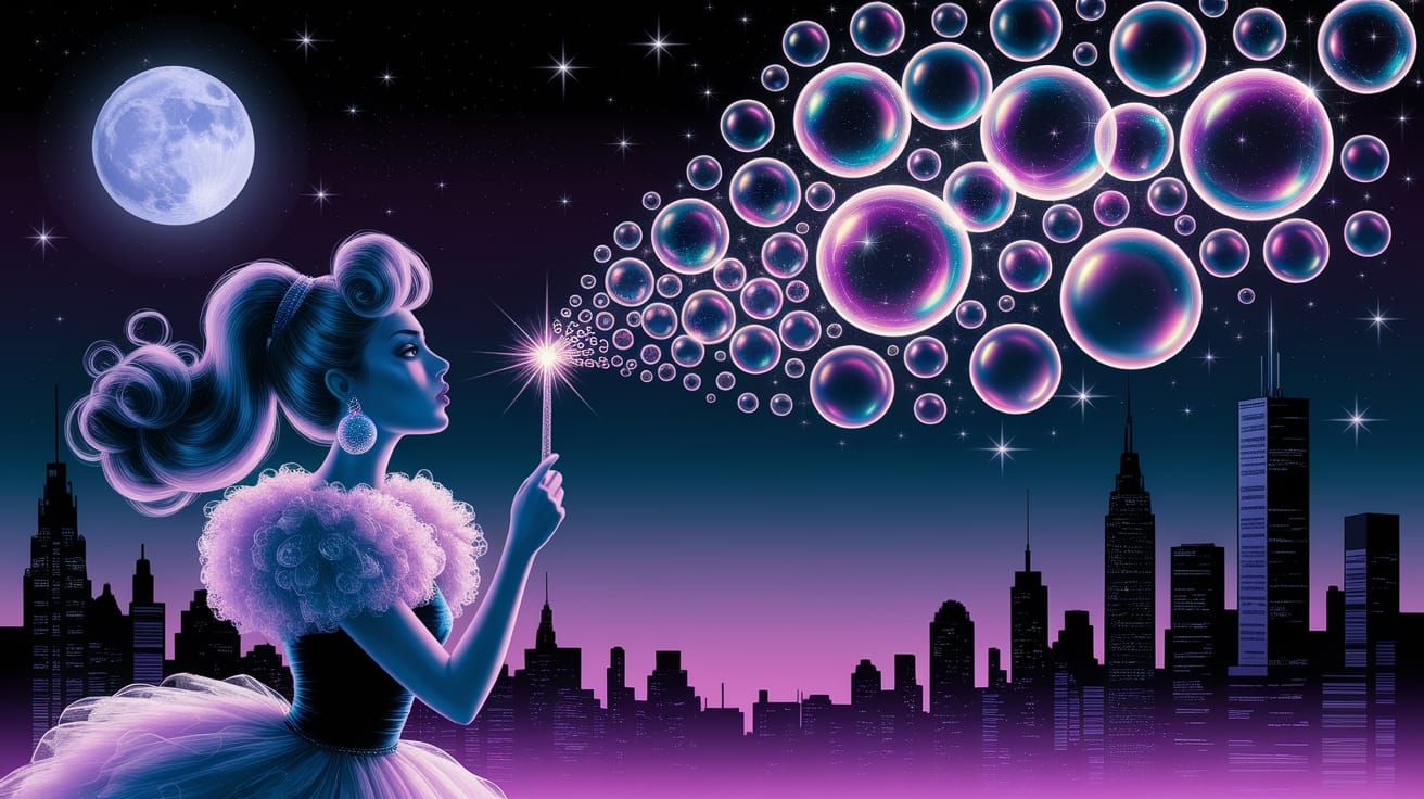 Woman Creates Bubble Constellation in Neon Style