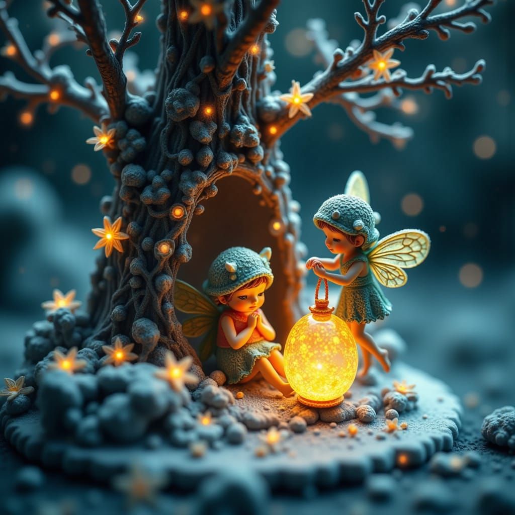 Tiny Frost Fairies Sleep in Snowy Tree Hollow