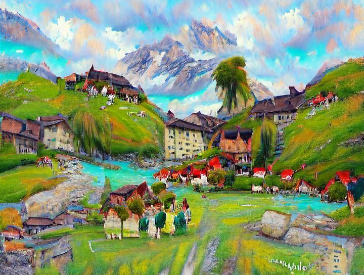 Swiss Alps Village: Impressionistic Artstation Painting