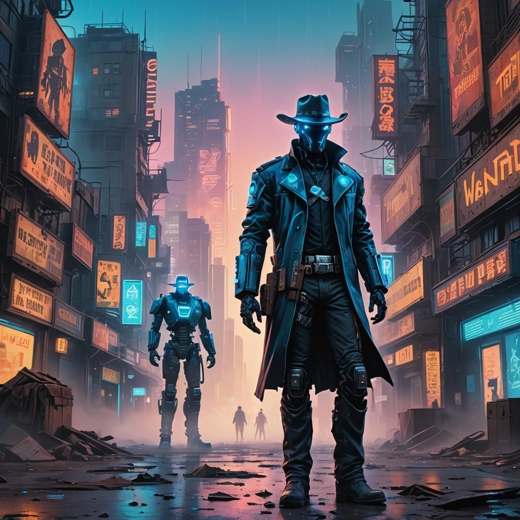 Cyberpunk Cowboy in a Gritty, Dystopian Streetscape