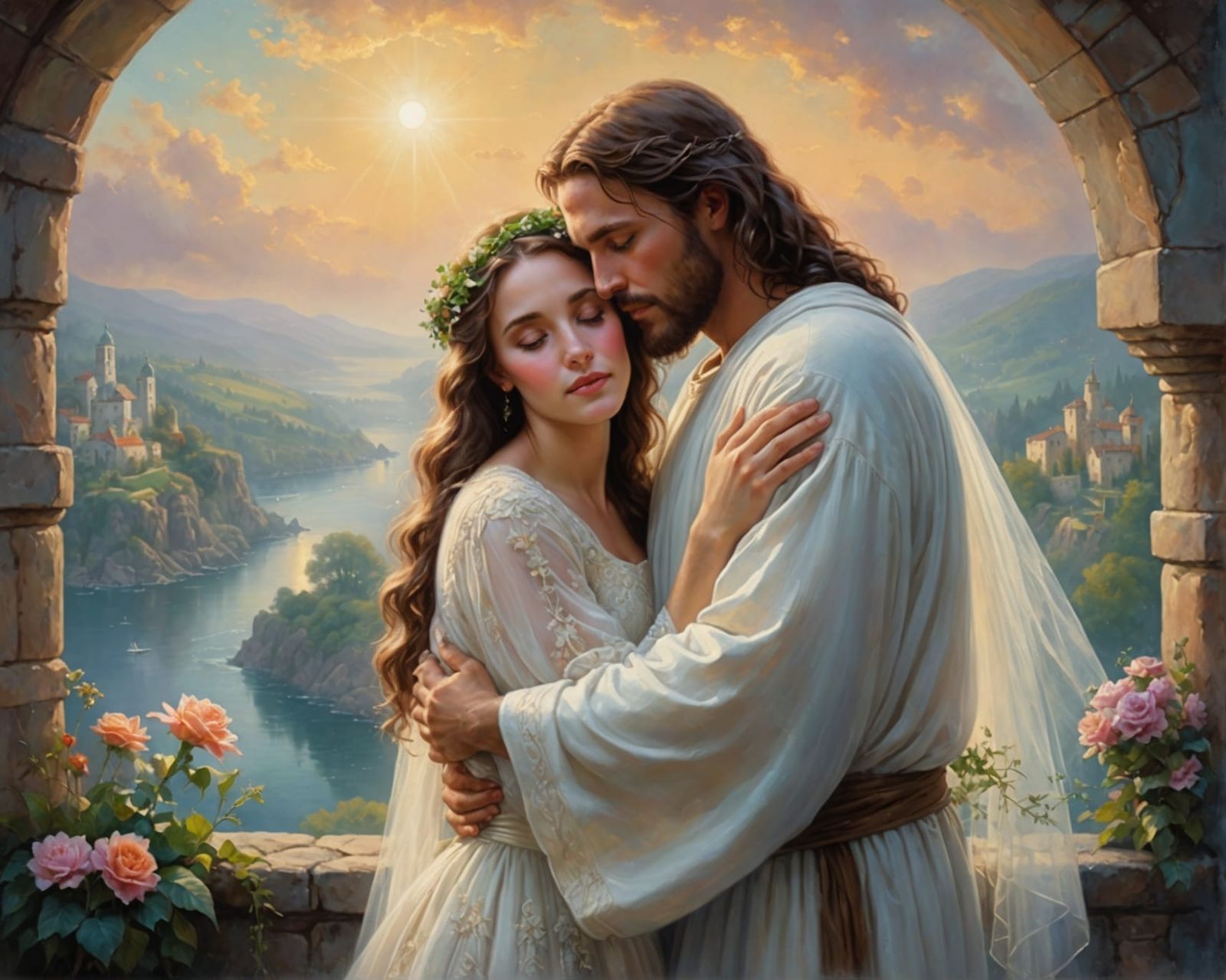 Jesus Embraces Bride in Ethereal Oil Painting