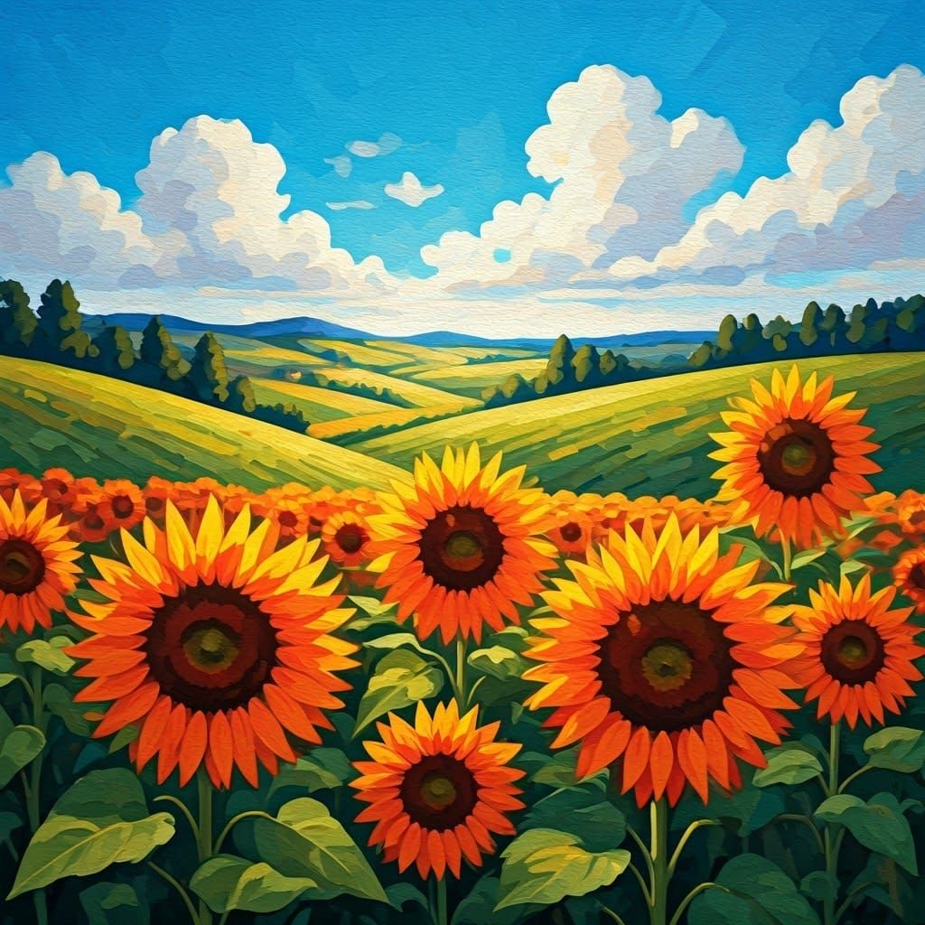Red Sunflowers in Gouache Style Under Blue Sky