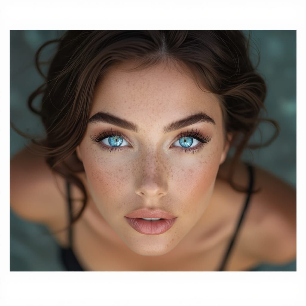 Beautiful Woman with Coral Blue Eyes Looking Down