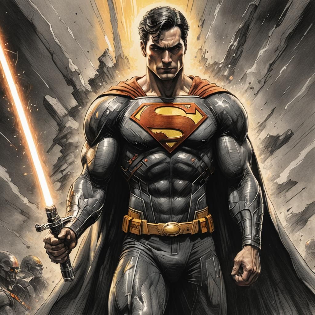 Superman Recharging Lightsaber: Hyperdetailed Charcoal Drawi...