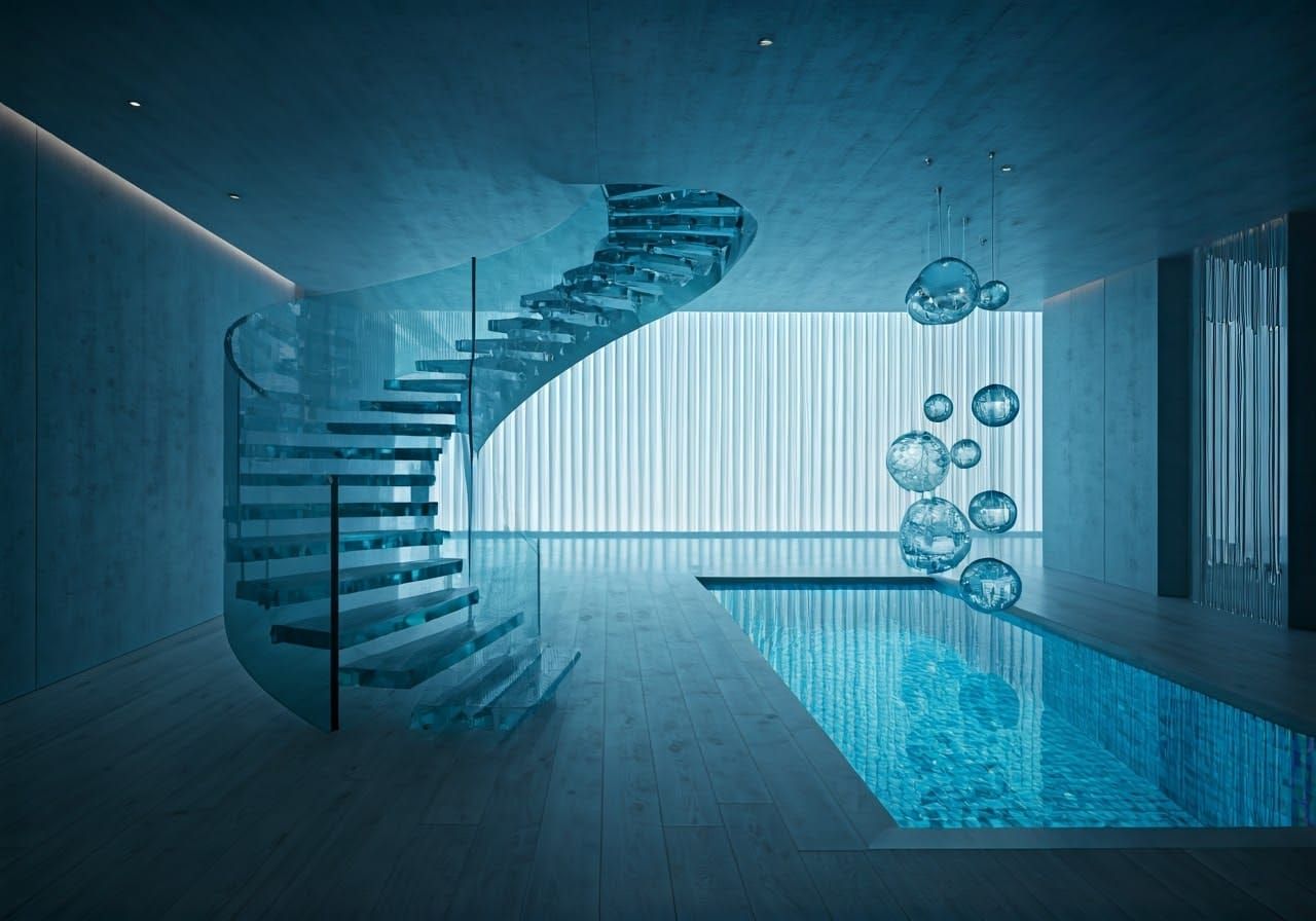 Space Age Living Room with Plexiglass Stairway