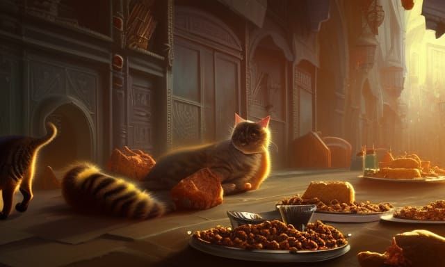 Detailed Cat Food Feast, Fantasy Concept Art