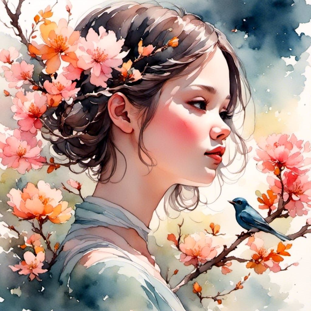 Spiraling Blossom Girl Watercolor Illustration