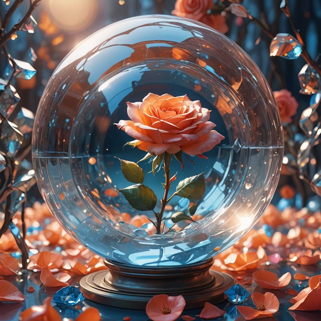 Glass Rose in Crystal Ball, Matte Painting Style