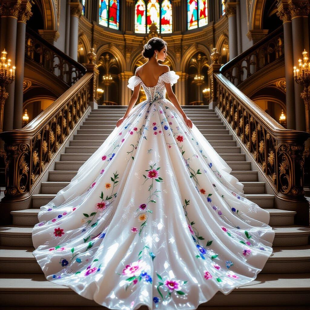 Regal Woman Ascends Cathedral Staircase in Crystal Gown