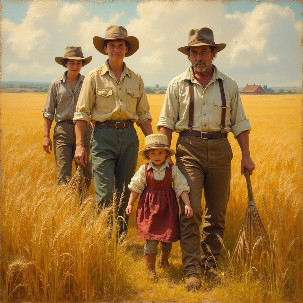 Harvest Family in Golden Wheat Fields, in the Style of Winsl...