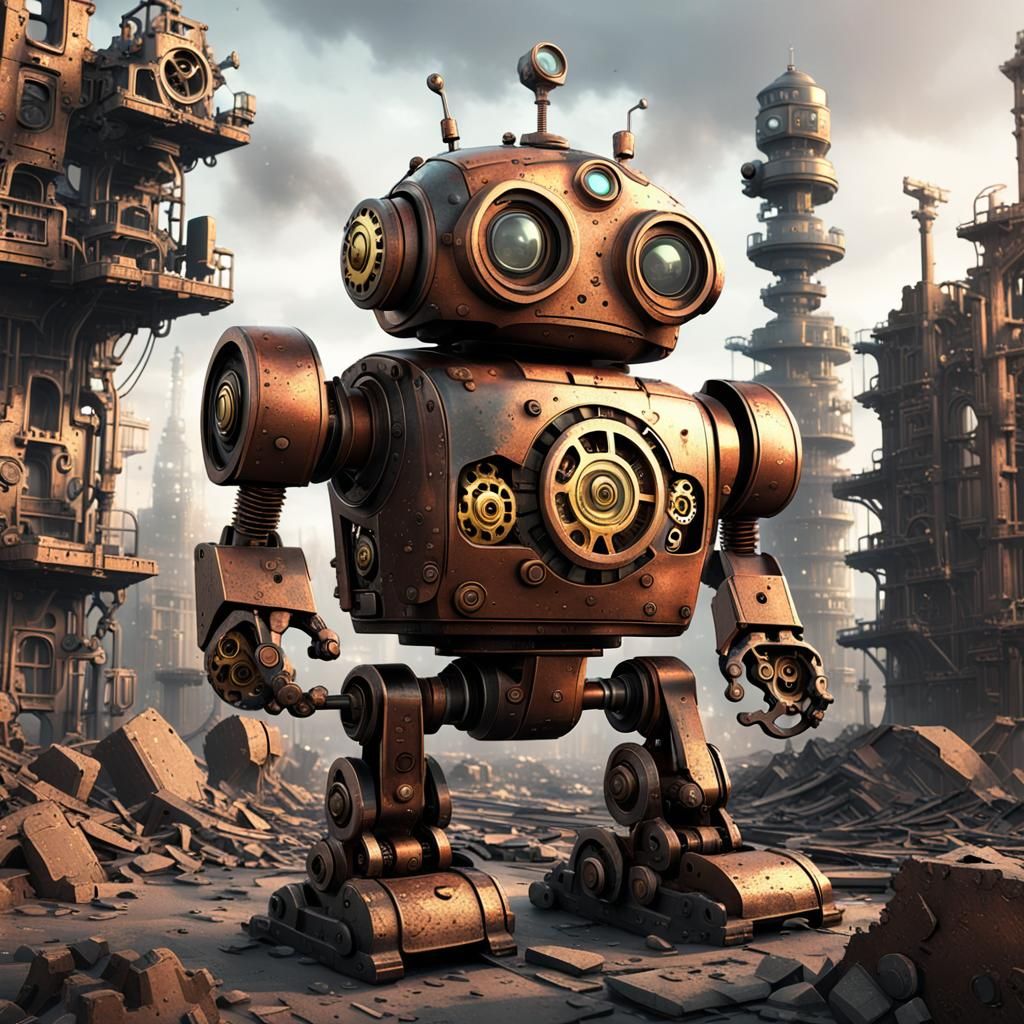 Robot and Sparrow in Soviet Steampunk Ruins