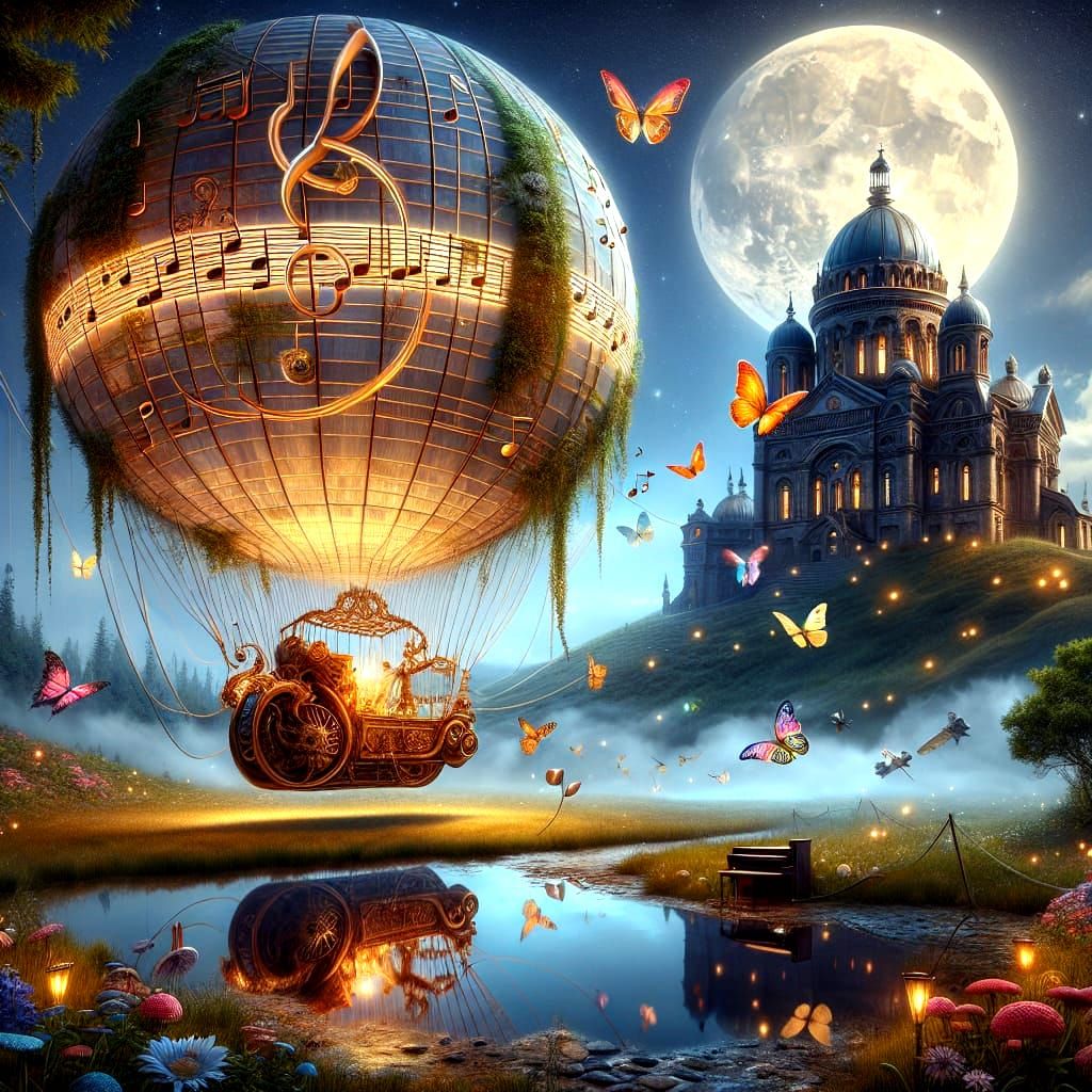 Magical Steampunk Balloon Overlooking Ornate Church
