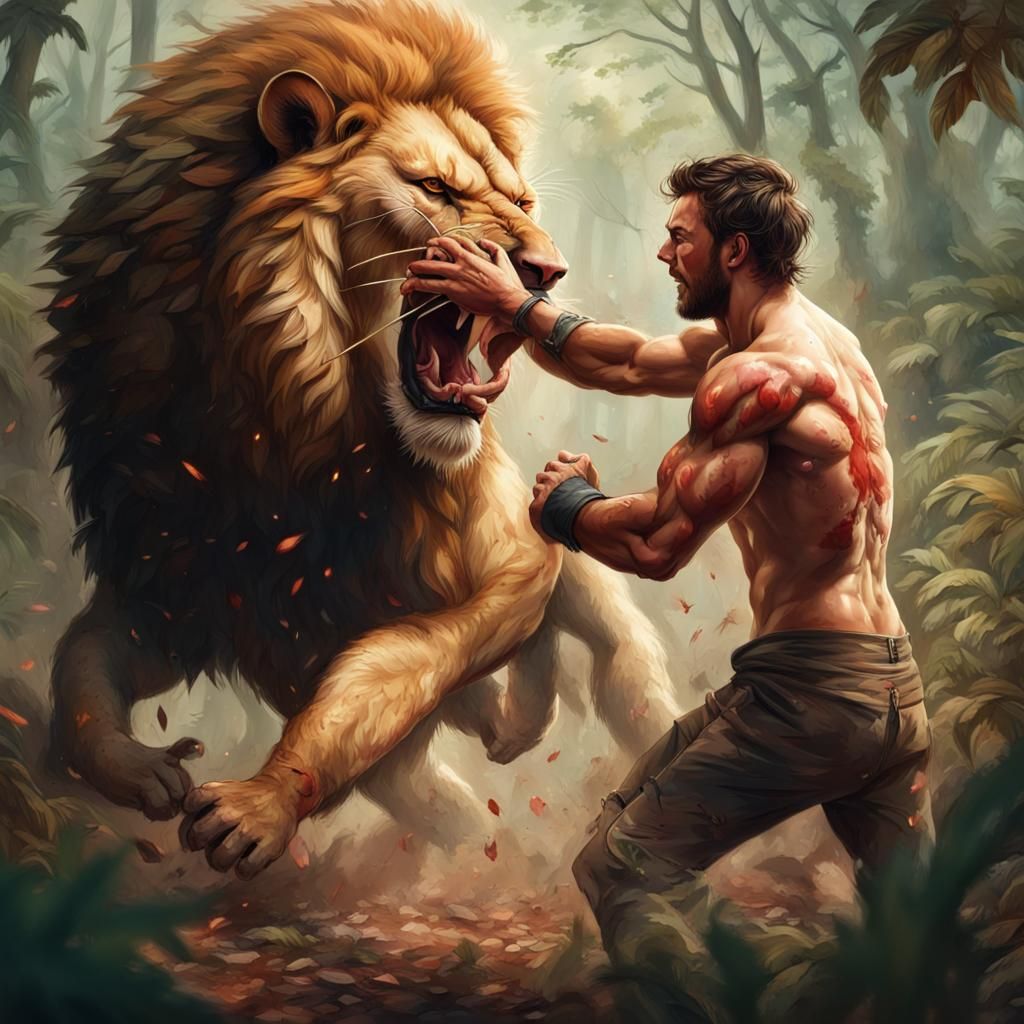 Man Versus Lion in Hyperrealistic Forest Battle
