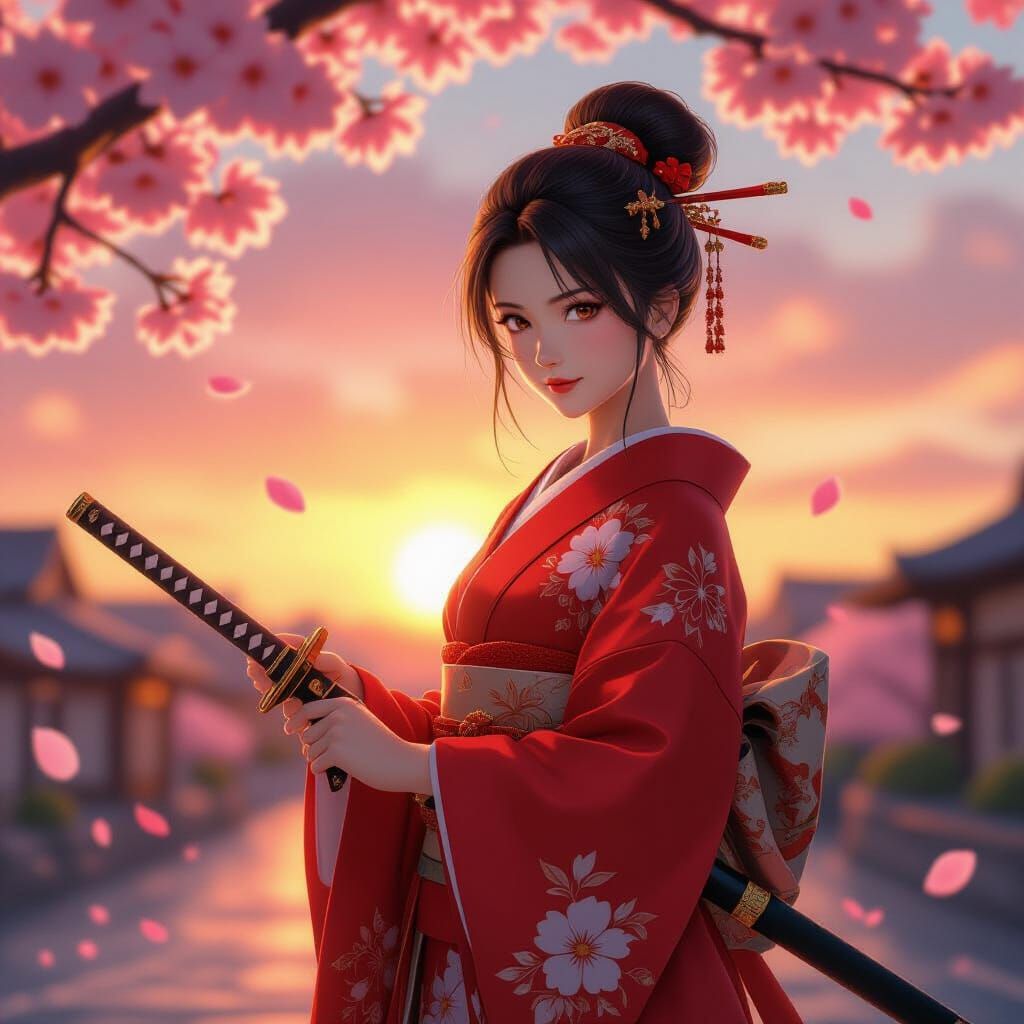 Female Samurai with Glowing Katana Under Cherry Blossoms