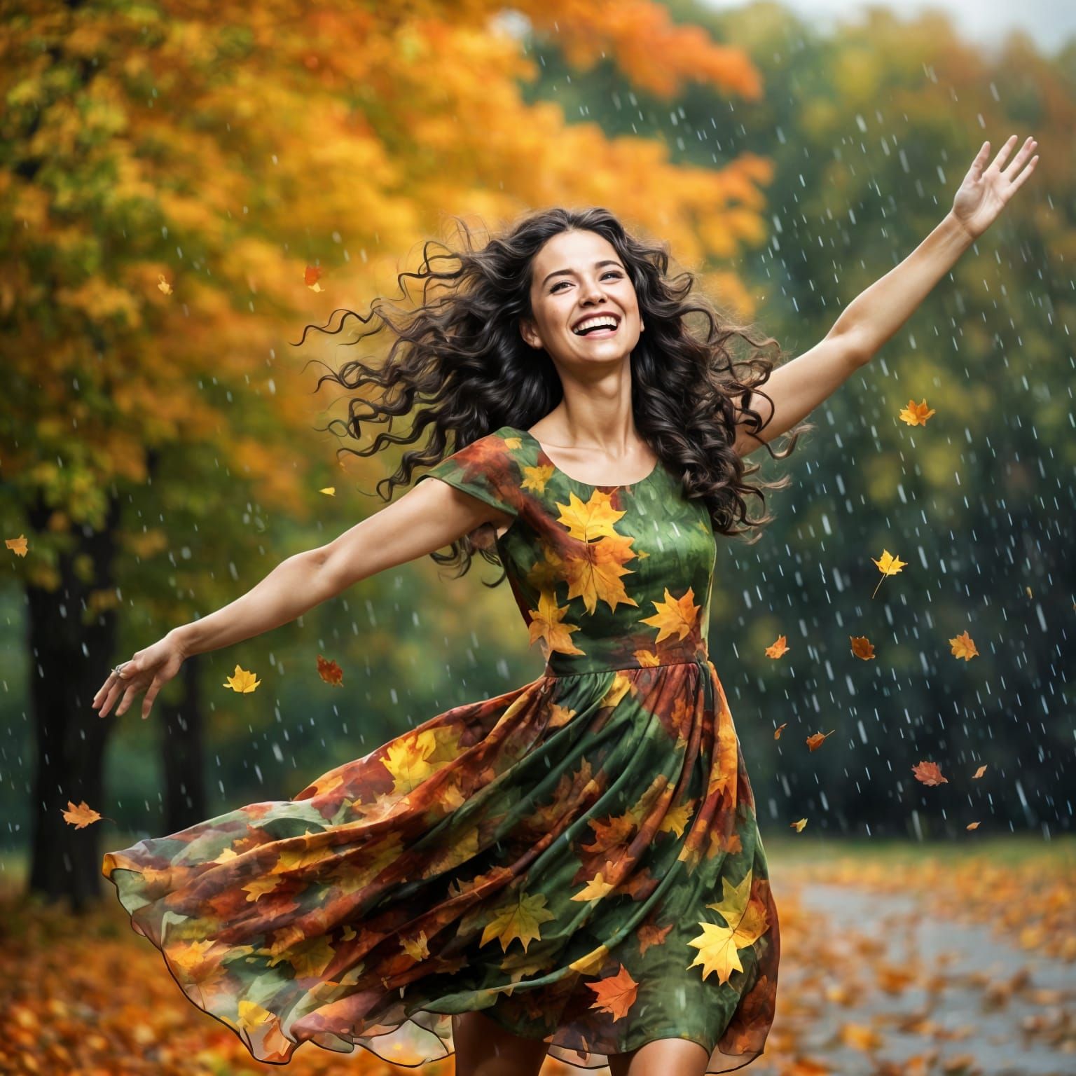 Autumn Woman Embraces the Rain in Long Exposure