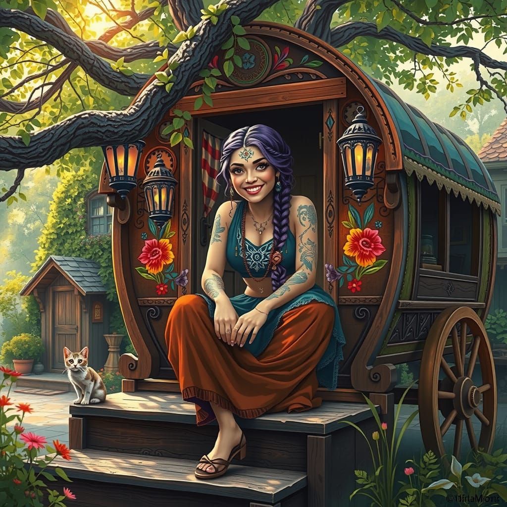 Whimsical Gypsy Goddess with Vibrant Braids and Sun-Kissed A...